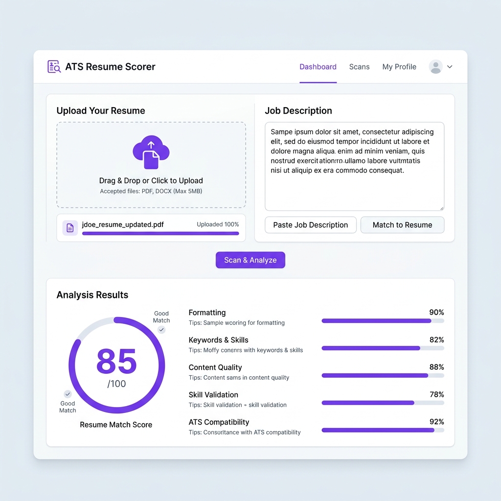 HireMind ATS Resume Scorer — Dashboard showing resume upload, job description comparison, and comprehensive ATS scoring with detailed metrics